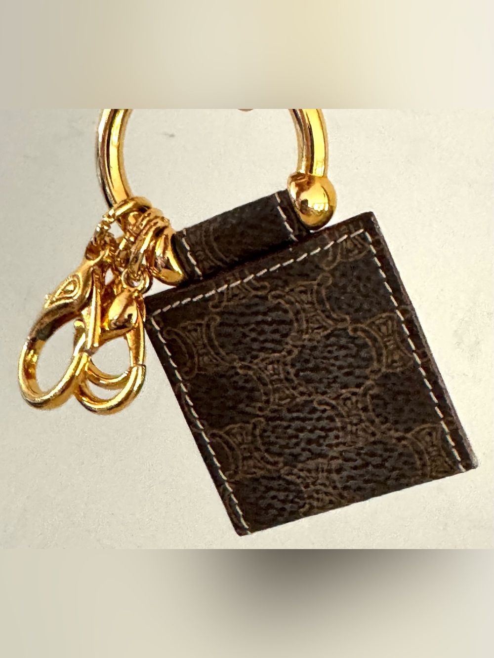CELINE Macadam Canvas Leather Bag Charm Keychain Gold Tone Like New - Picture 2 of 7